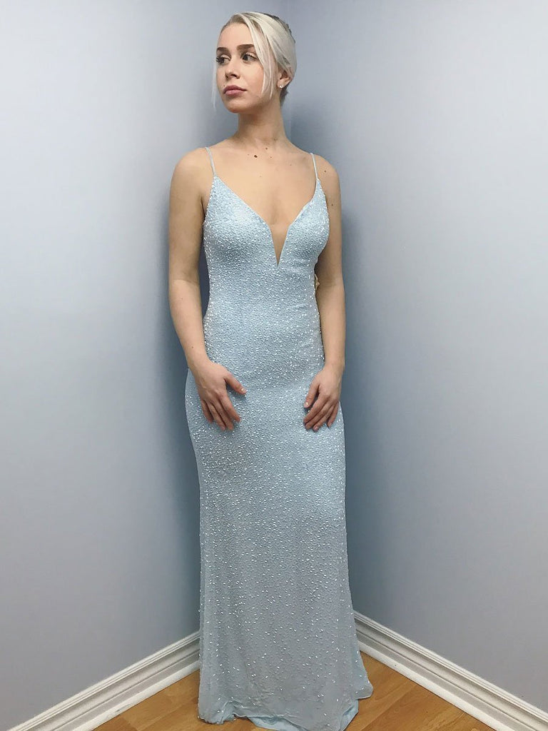 BohoProm prom dresses Delicate Lace Spaghetti Straps Neckline Floor-length Sheath Prom Dress PD080