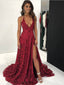 Elegant Lace Halter Neckline Chapel Train A-line Prom Dresses With Slit PD151