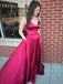 BohoProm prom dresses Elegant Satin Spaghetti Straps Neckline Sweep  Train A-line Prom Dresses With Pockets PD046