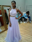 Elegant Tulle Halter Neckline Sweep Train 2 pieces A-line Prom Dresses With Beaded Appliques PD030