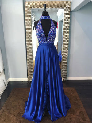BohoProm prom dresses Excellent Satin High-neck Neckline A-line Prom Dresses With Beadings PD093