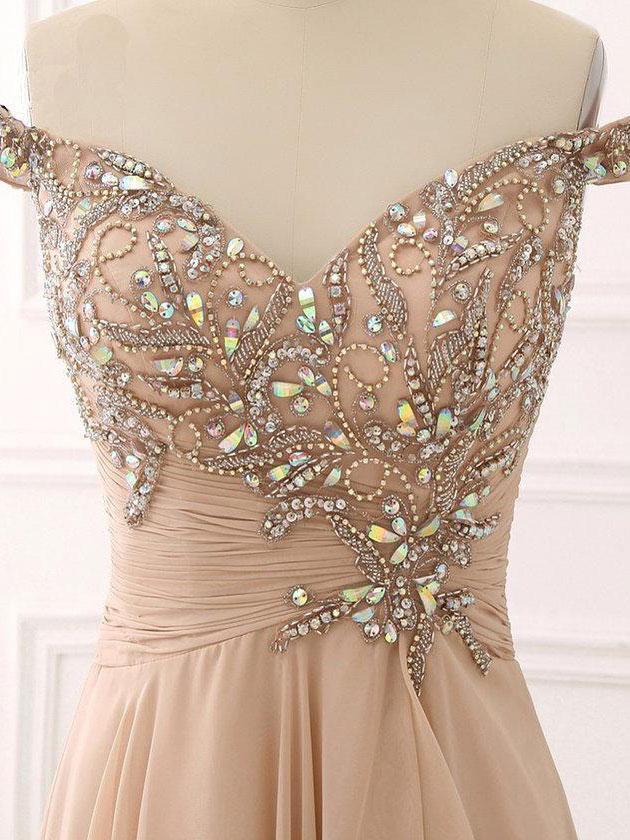 BohoProm prom dresses Exquisite Chiffon Off-the-shoulder Neckline A-line Prom Dresses With Rhinestones PD156