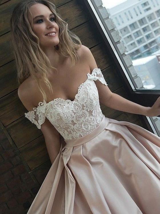 BohoProm prom dresses Exquisite Satin Off-the-shoulder Neckline A-line Prom Dresses With Appliques PD195