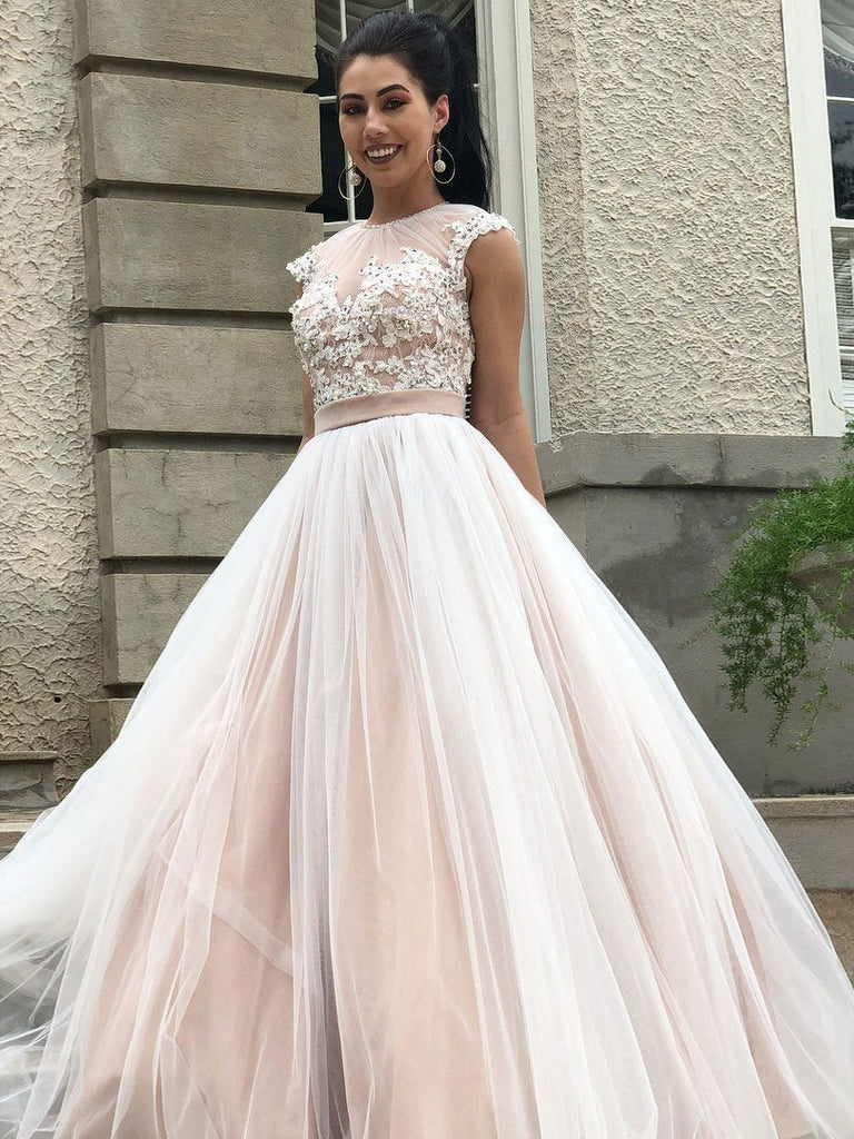 BohoProm prom dresses Exquisite Tulle Jewel Neckline Cap Sleeves Sweep Train A-line Prom Dresses With Beaded Appliques PD028