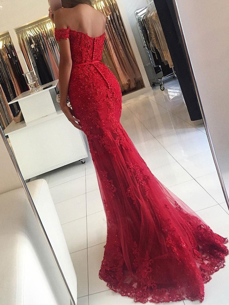 BohoProm prom dresses Exquisite Tulle Off-the-shoulder Neckline Mermaid Prom Dresses With Beaded Appliques PD182