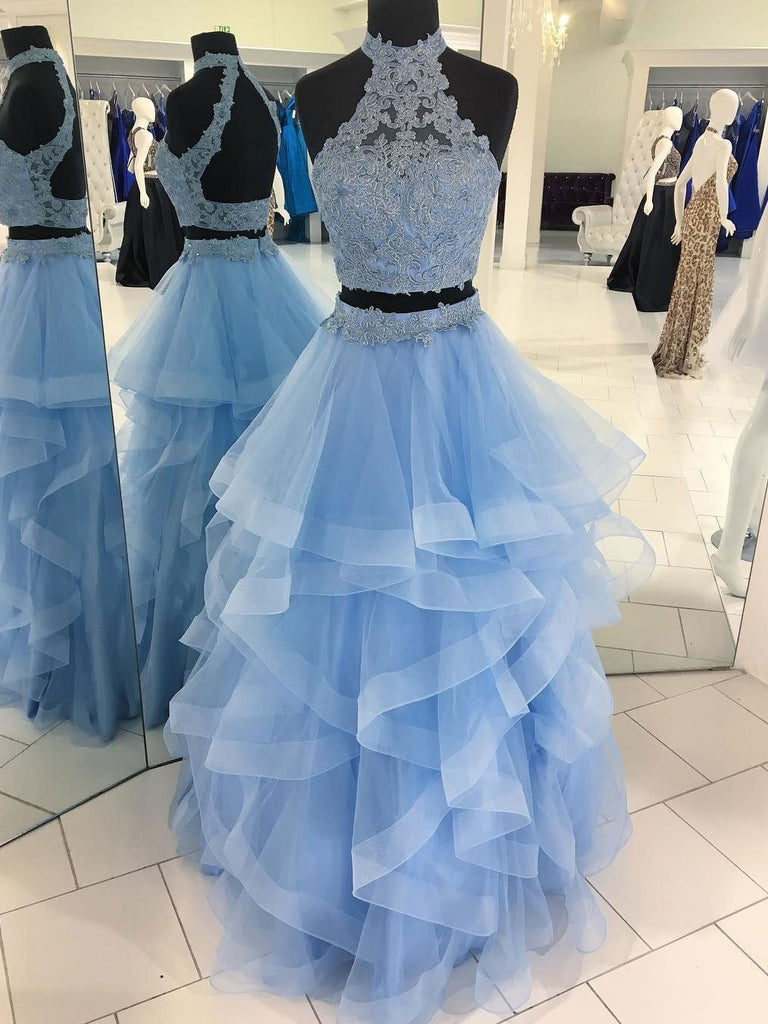 BohoProm prom dresses Eye-catching Tulle High-neck Neckline Two-piece A-line Prom Dresses With Beaded Appliques PD015