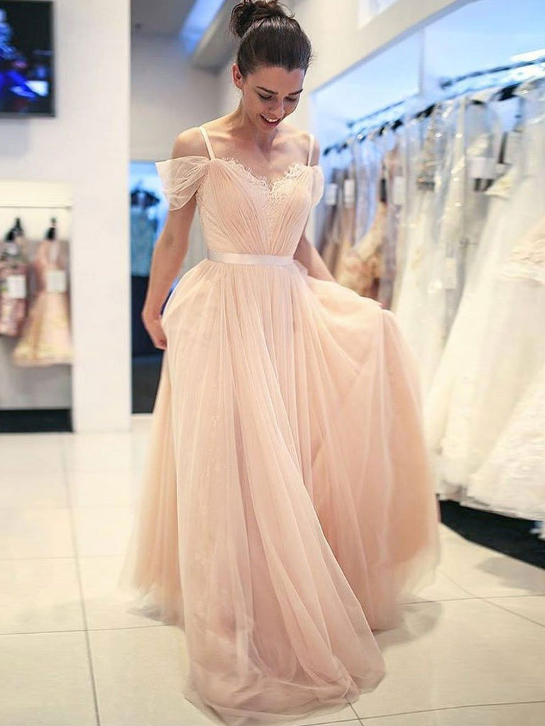 BohoProm prom dresses Fabulous Tulle Spaghetti Straps Neckline Sweep Train A-line Prom Dresses With Appliques PD024