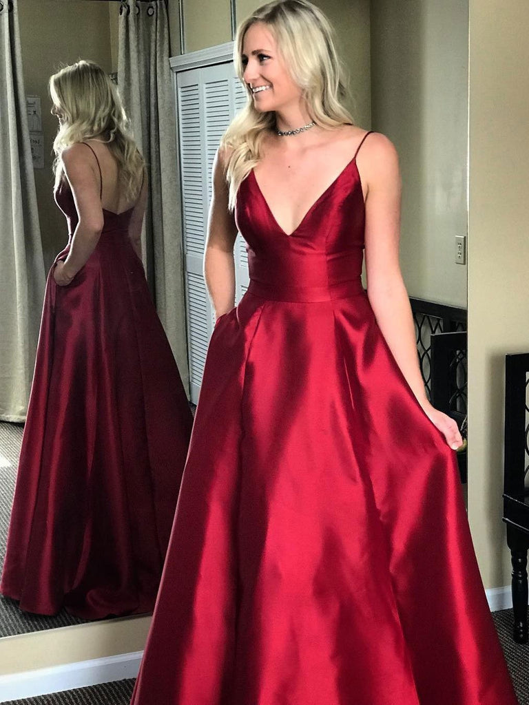 BohoProm prom dresses Glamorous Satin Spaghetti Straps Neckline Sweep Train A-line Prom Dresses With Pockets PD018