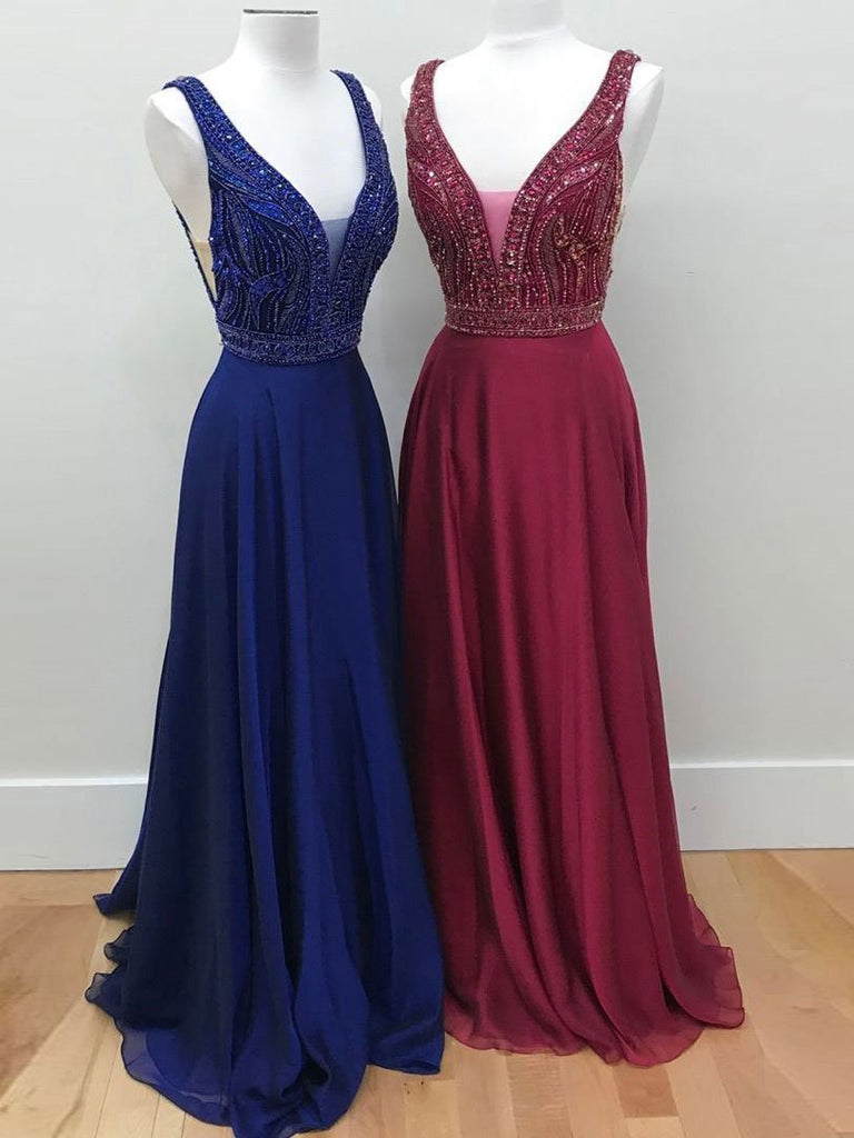 BohoProm prom dresses Glamorous Silk-like Chiffon V-neck Neckline A-line Prom Dresses With Beadings PD202