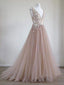 Glamorous Tulle V-neck Neckline Chapel Train A-line Prom Dresses With 3D Flowers PD085