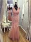 Glamorous Tulle V-neck Neckline Sheath Prom Dresses With Beaded Appliques PD060