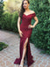 BohoProm prom dresses Gorgeous Stretch Satin Off-the-shoulder Neckline Chapel Train Sheath Prom Dresses With Slit PD019