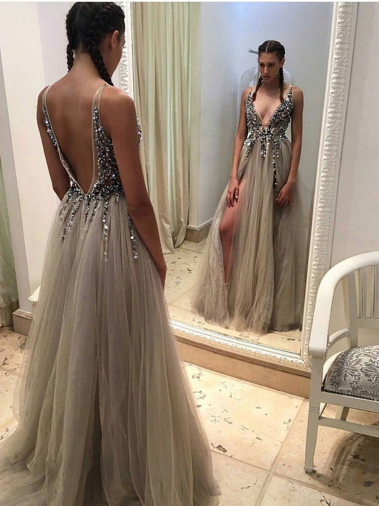 BohoProm prom dresses Gorgeous Tulle V-neck Neckline Floor-length A-line Prom Dresses With Rhinestones PD061