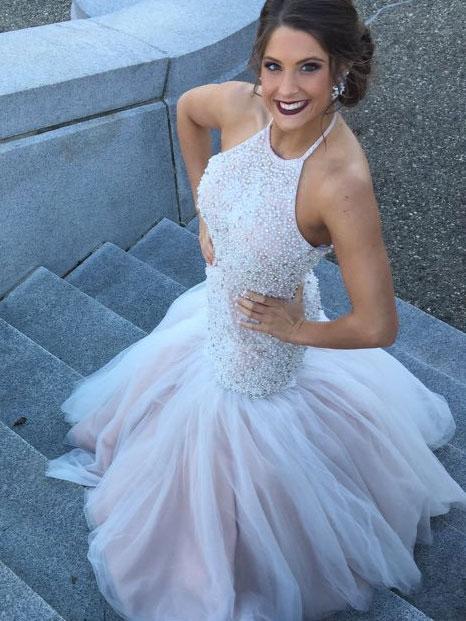 BohoProm prom dresses Graceful Tulle Halter Neckline Chapel Train Mermaid Prom Dresses With Beadings PD054