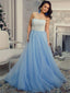 Graceful Tulle Strapless Neckline Sweep Train A-line Prom Dresses With Beaded Appliques PD042