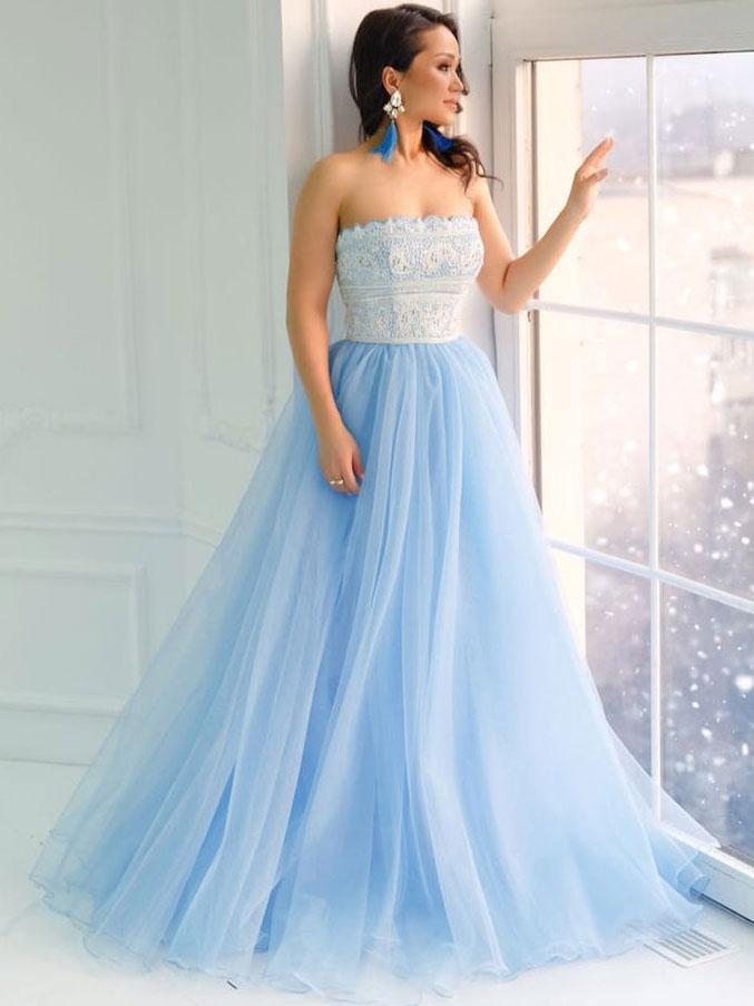 BohoProm prom dresses Graceful Tulle Strapless Neckline Sweep Train A-line Prom Dresses With Beaded Appliques PD042