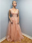 Graceful Tulle V-neck Neckline Sweep Train A-line Prom Dresses With Appliques PD074