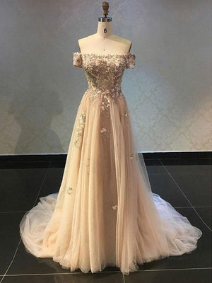 BohoProm prom dresses Luxury Tulle Off-the-shoulder Neckline A-line Prom Dresses With Beaded Appliques PD099