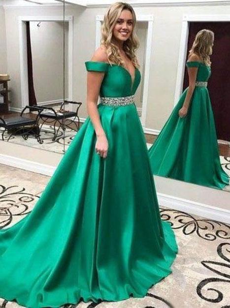 BohoProm prom dresses Marvelous Satin Off-the-shoulder Neckline Chapel Train A-line Prom Dresses With Beadiings PD063