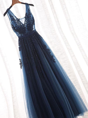 BohoProm prom dresses Marvelous Tulle V-neck Neckline A-line Prom Dresses With Beaded Appliques PD091