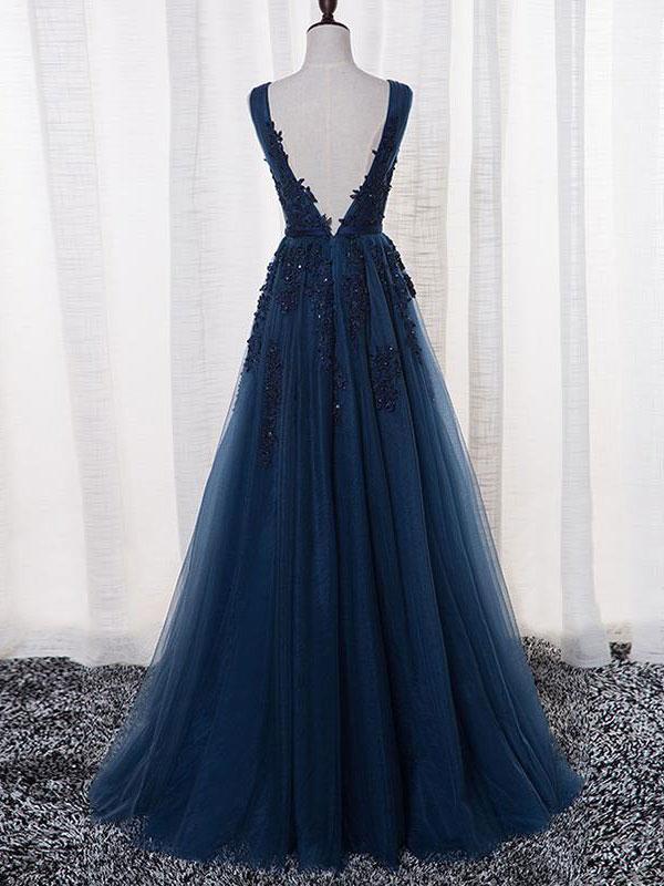 BohoProm prom dresses Marvelous Tulle V-neck Neckline A-line Prom Dresses With Beaded Appliques PD091