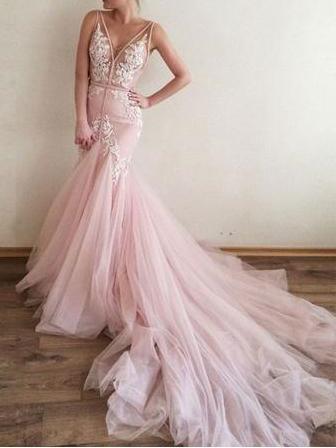 BohoProm prom dresses Mermaid Deep-V Chapel Train Tulle Pink Prom Dresses With Appliques HX00120