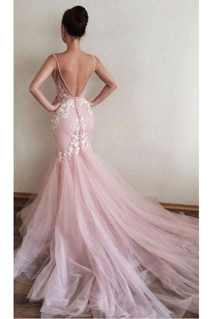 BohoProm prom dresses Mermaid Deep-V Chapel Train Tulle Pink Prom Dresses With Appliques HX00120