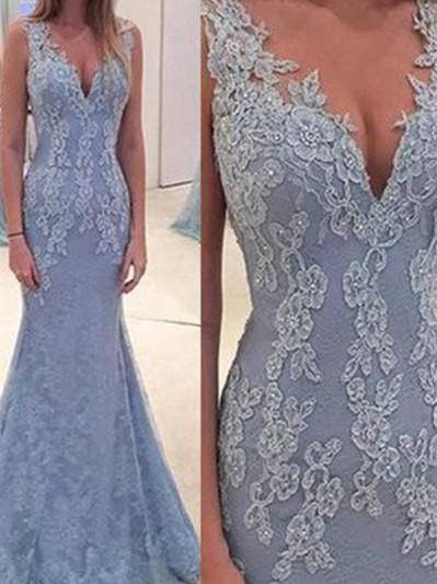 BohoProm prom dresses Mermaid Deep-V Floor-length Lace Appliqued Prom Dresses HX00151