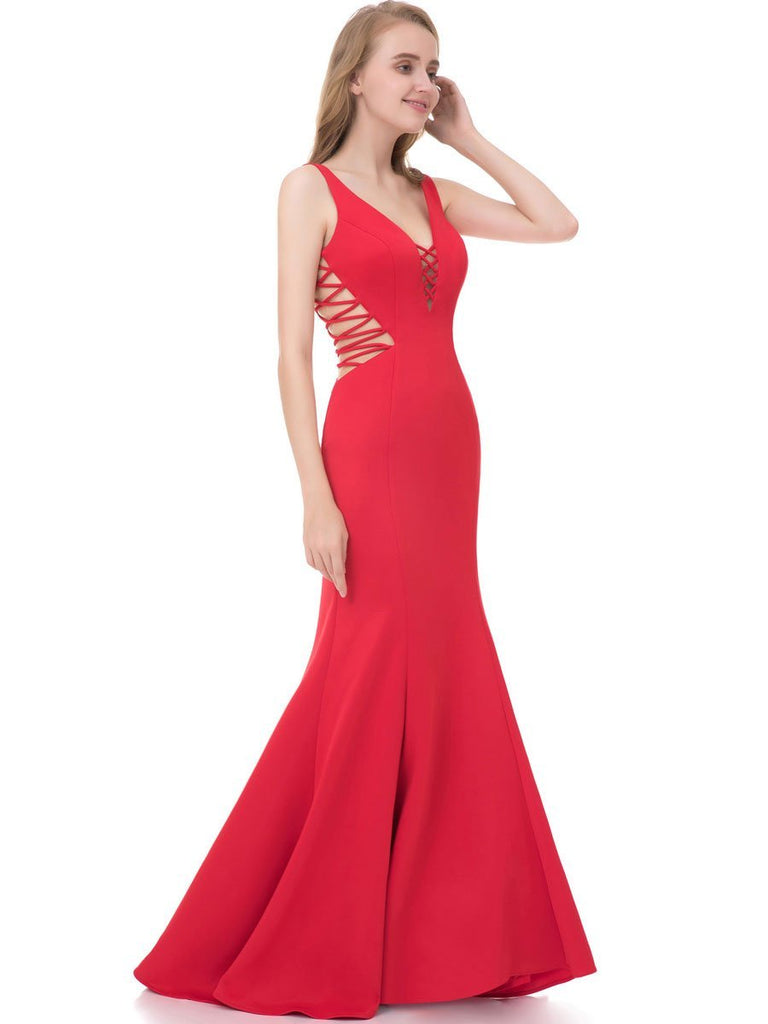 BohoProm prom dresses Mermaid Deep-V Sweep Train Jersey Simple Prom Dress 3118