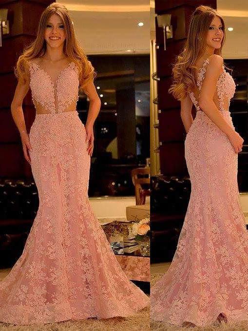 BohoProm prom dresses Mermaid Deep-V Sweep Train Lace Appliqued Beaded Pink Prom Dress 3067