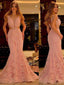 Mermaid Deep-V Sweep Train Lace Appliqued Beaded Pink Prom Dress 3067