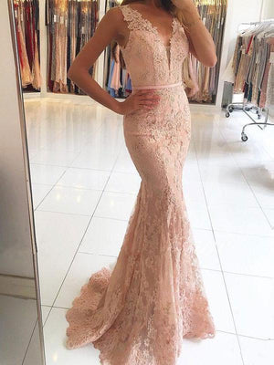 BohoProm prom dresses Mermaid Deep-V Sweep Train Tulle Appliqued Beaded Prom Dresses 3030