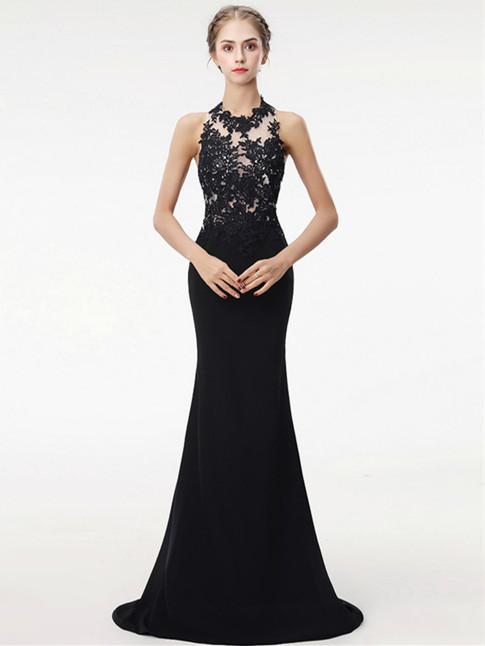 BohoProm prom dresses Mermaid Halter Floor-Length Satin Appliqued Black Prom Dresses HX0026