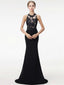 Mermaid Halter Floor-Length Satin Appliqued Black Prom Dresses HX0026