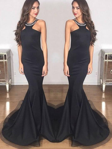 BohoProm prom dresses Mermaid Halter Floor-Length Satin Black Simple Prom Dresses HX0087