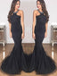 Mermaid Halter Floor-Length Satin Black Simple Prom Dresses HX0087