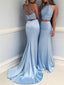 Mermaid Halter Sweep Train Satin Sky Blue Prom Dresses With Rhine Stones HX0085