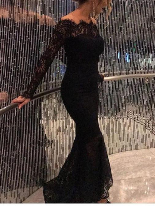BohoProm prom dresses Mermaid Off-Shoulder Floor-length Lace Black Prom Dresses HX00150