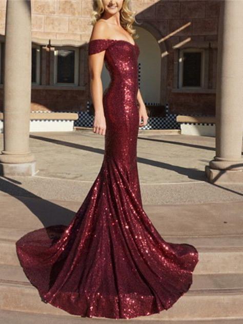 BohoProm prom dresses Mermaid Off-Shoulder Sweep Train Burgundy Prom Dresses With Sequins HX0068