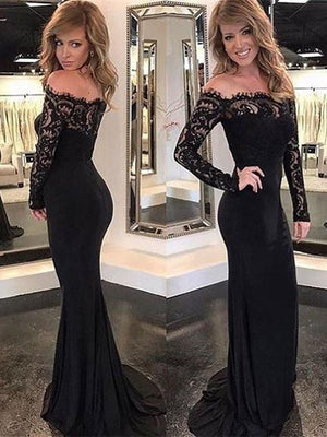 BohoProm prom dresses Mermaid Off-Shoulder Sweep Train Chiffon Appliqued Black Prom Dresses ABC0007