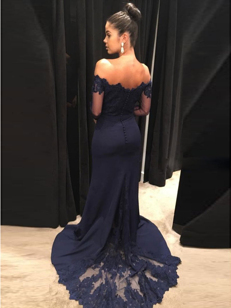 BohoProm prom dresses Mermaid Off-Shoulder Sweep Train Jersey Appliqued Prom Dress 3070