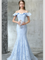 Mermaid Off-Shoulder Sweep Train Lace Sky Blue Prom Dresses ASD26815