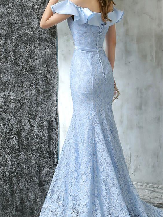 BohoProm prom dresses Mermaid Off-Shoulder Sweep Train Lace Sky Blue Prom Dresses ASD26815