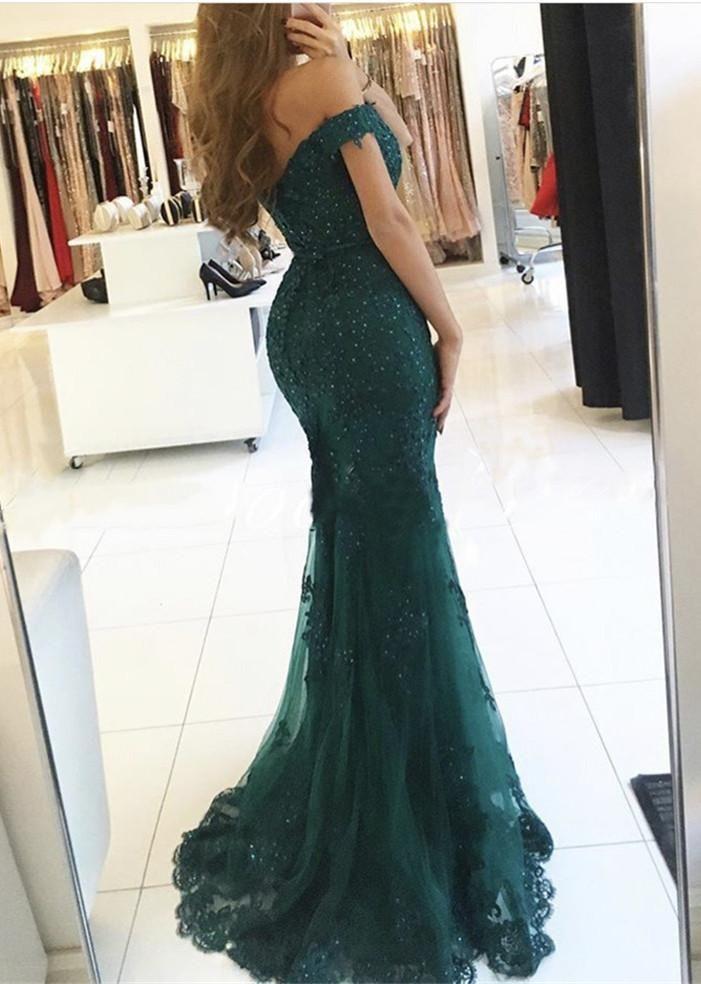 BohoProm prom dresses Mermaid Off-Shoulder Sweep Train Tulle Appliqued Beaded Prom Dresses ASD2689