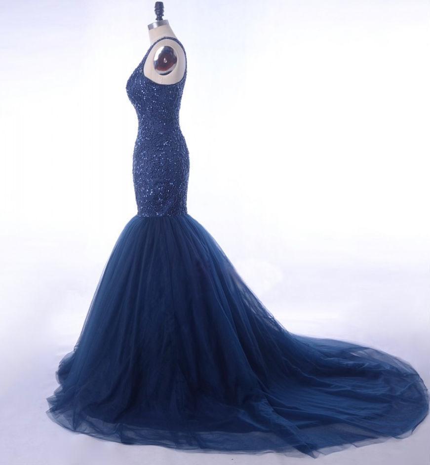 BohoProm prom dresses Mermaid Scoop-Neck Chapel Train Tulle Royal Blue Prom Dresses With Sequins ASD27099