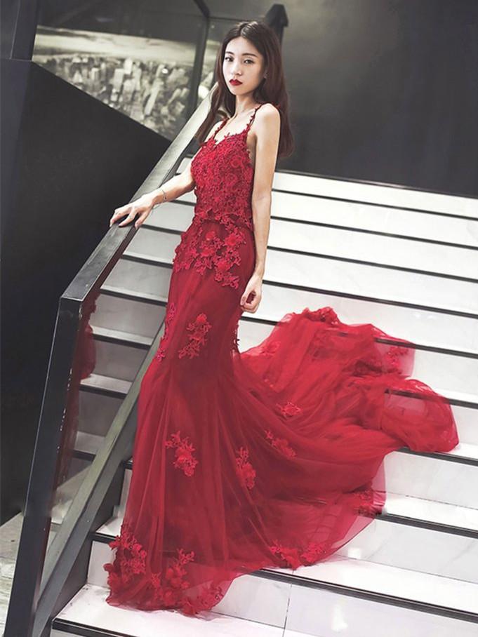 BohoProm prom dresses Mermaid Spaghetti Strap Chapel Train Tulle Appliqued Long Prom Dresses HX0056