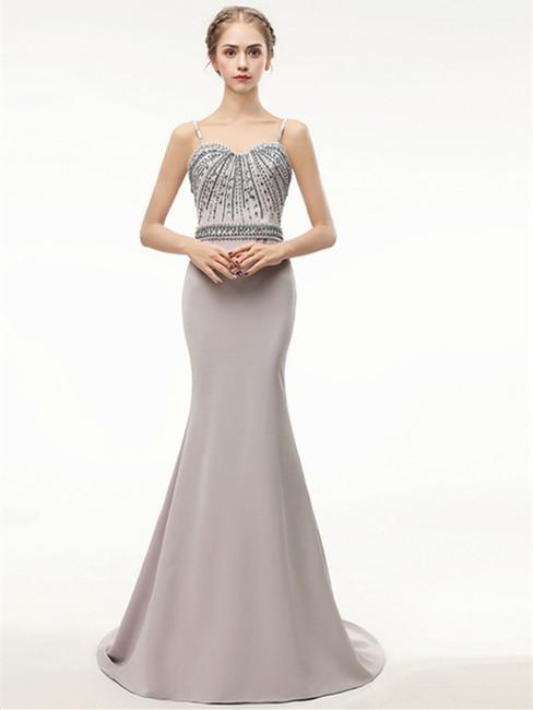 BohoProm prom dresses Mermaid Spaghetti Strap Sweep Train Satin Prom Dresses With Rhine Stones HX0075