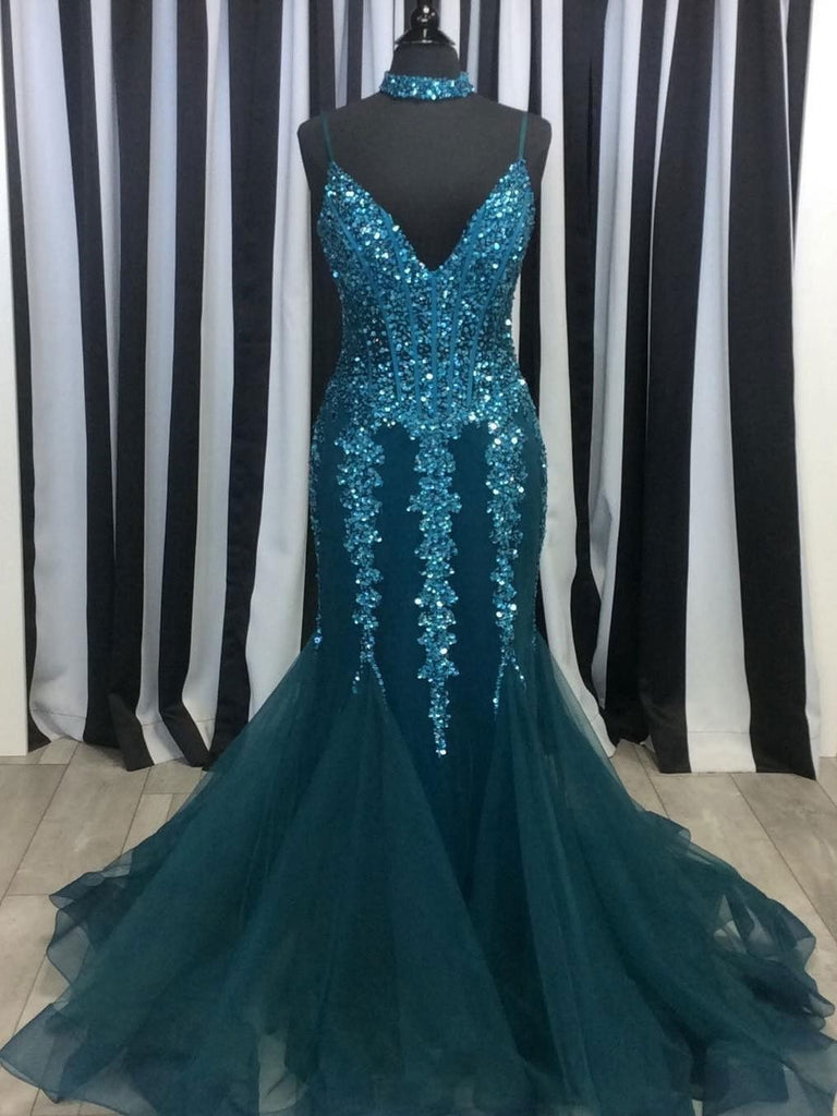 BohoProm prom dresses Mermaid Spaghetti Strap Sweep Train Tulle  Sequined  Prom Dress 3102