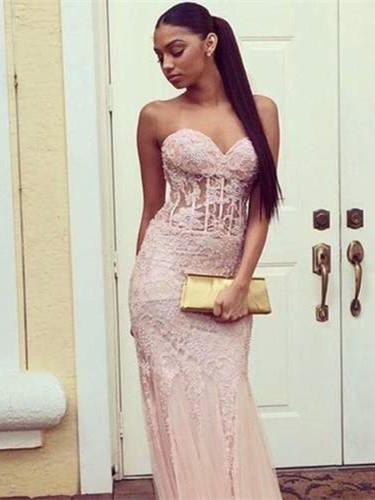 BohoProm prom dresses Mermaid Sweetheart Sweep Train Lace Pink Prom Dresses With Beading HX0092