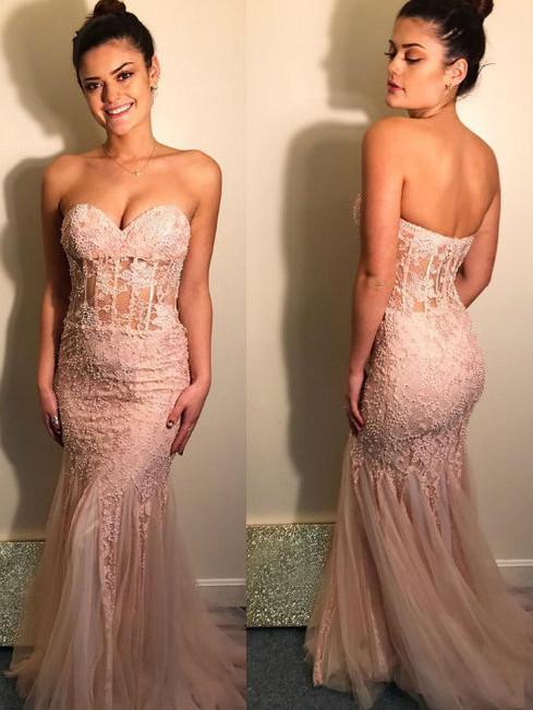 BohoProm prom dresses Mermaid Sweetheart Sweep Train Lace Pink Prom Dresses With Beading HX0092